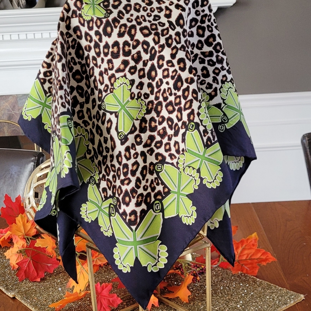 Lulu Guinness 100% Silk Scarf - Leopard & Green Butterfly Print - 26"